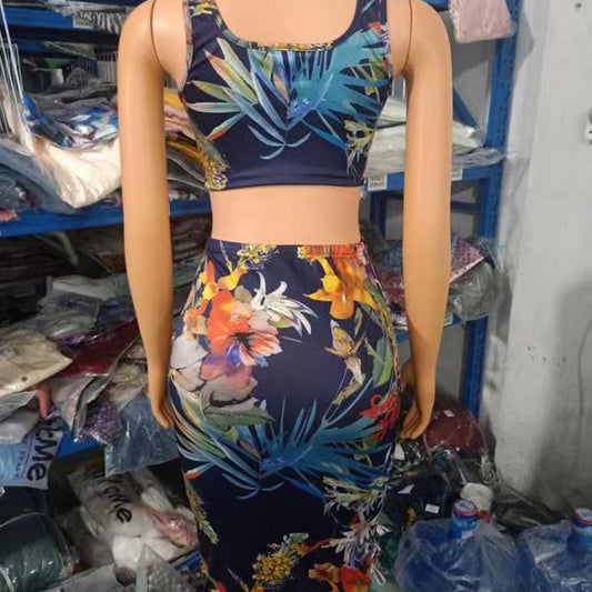 Women's Floral Vest Skirt Set – Printed Sleeveless Crop Top and Midi Skirt Outfit