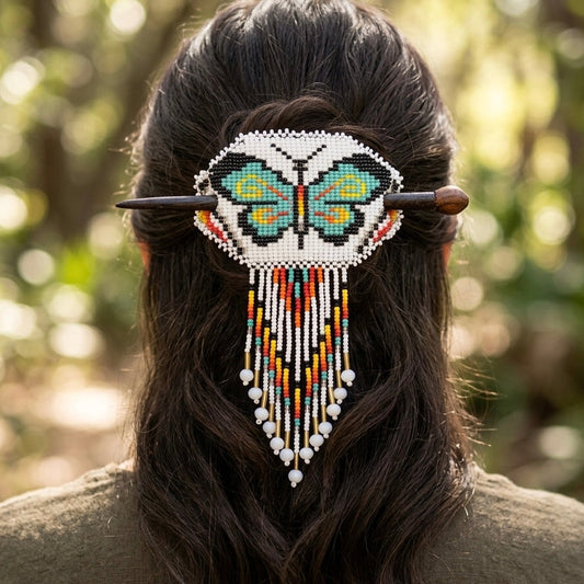 Butterfly Fringed Beaded Barrette & Wooden Stick