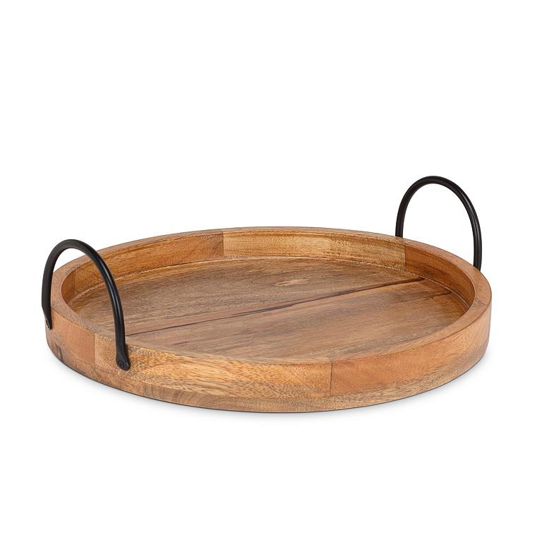 Rundes Serviertablett - 14" Mangoholz mit Metallgriffen