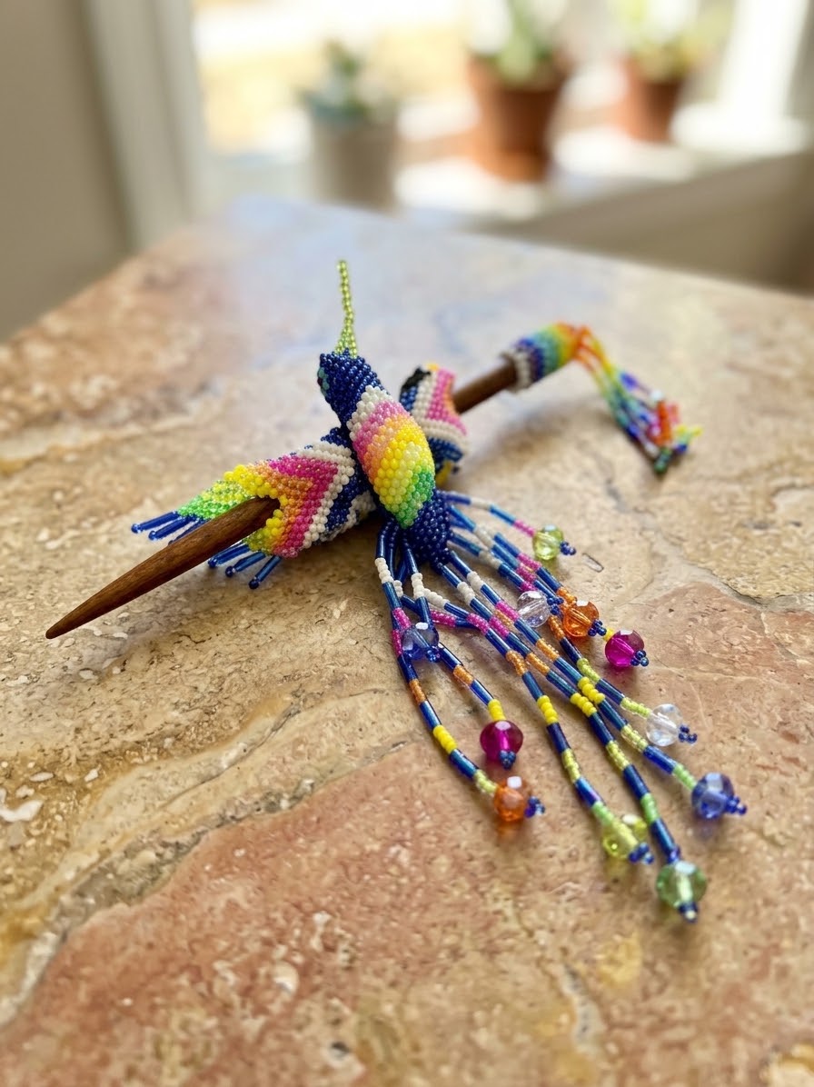 Blue Hummingbird Beaded Hair Stick