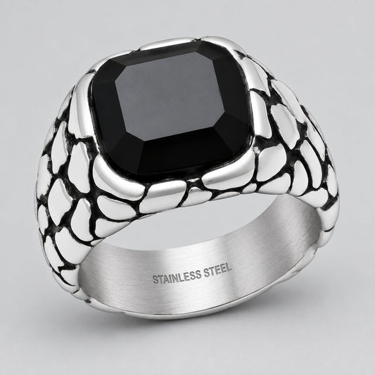 Men’s Stainless Steel Pebble Texture Signet Biker Ring