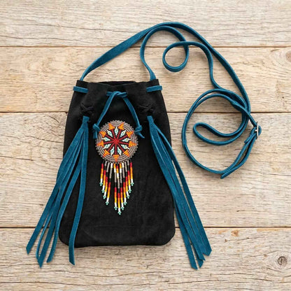 Beaded Suede Phone Pouch ~ Black turquoise