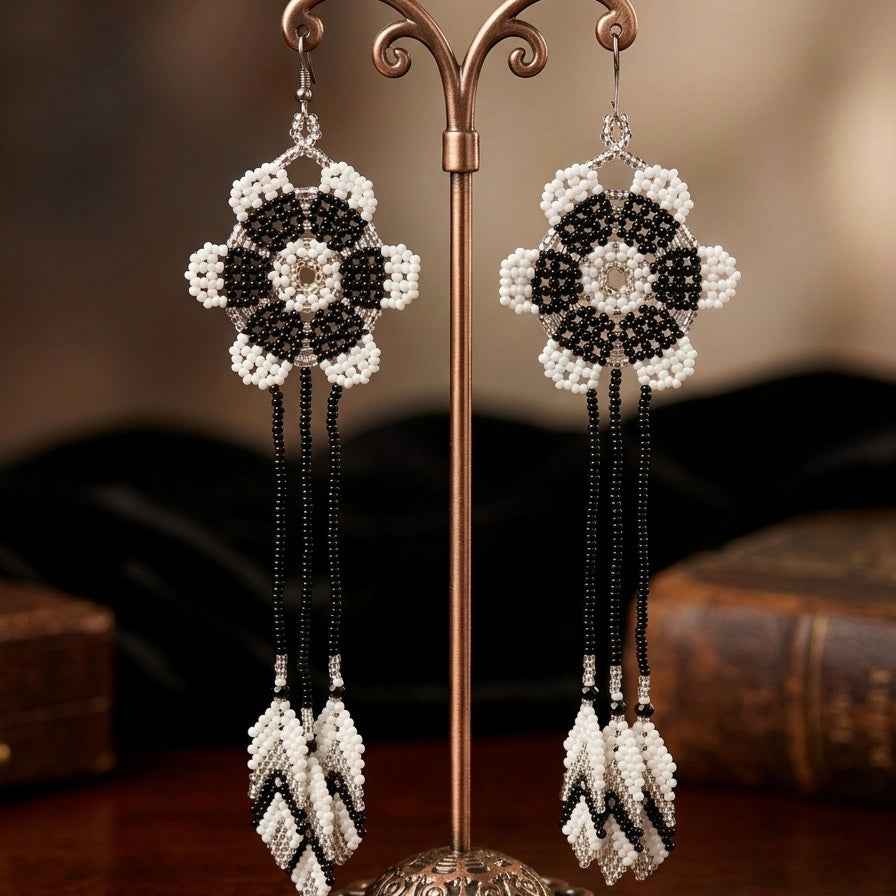 Sun Feather Bloom Beaded Earrings- black