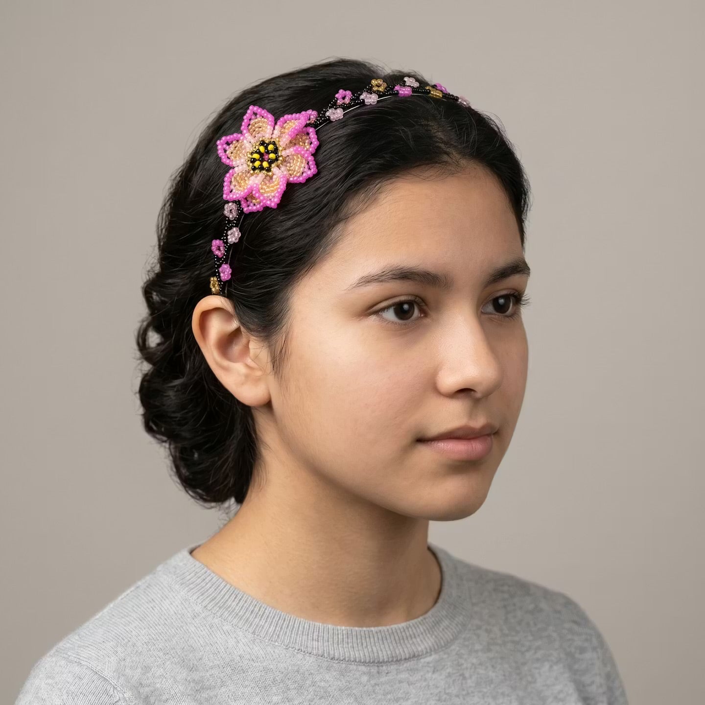 Beaded Headband with Flower Pink