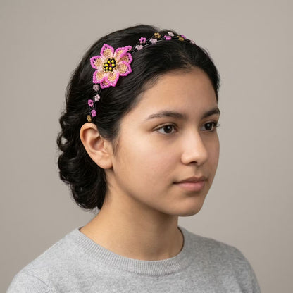 Beaded Headband with Flower Pink