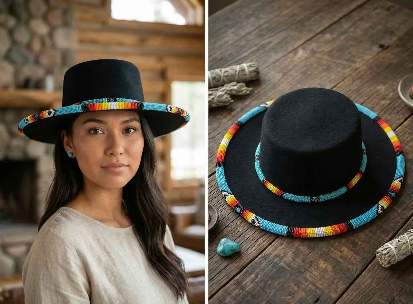 Size-62 Beaded Flat-Brim Felt Hat