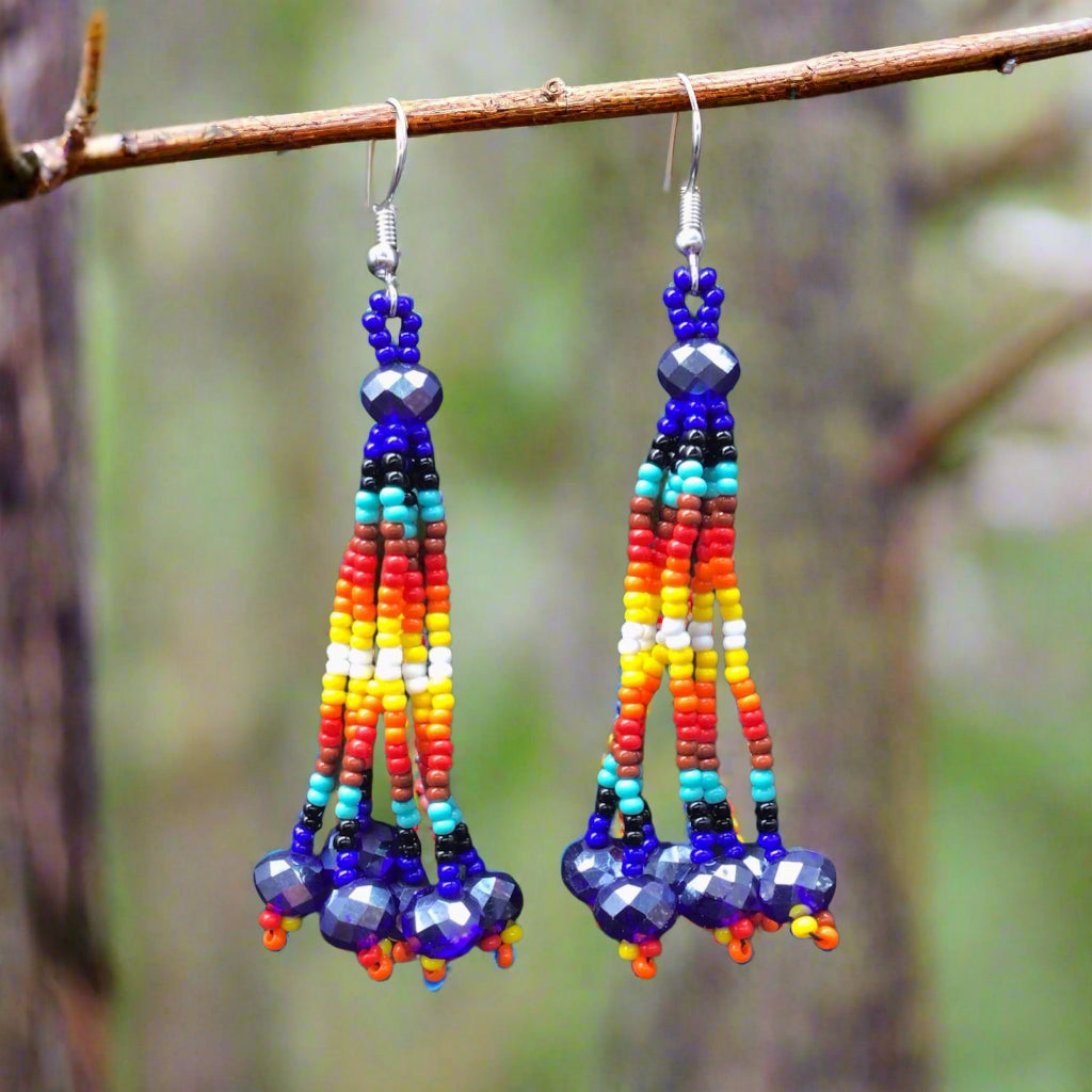 Blue Six-Strand Beaded Cascade Earrings