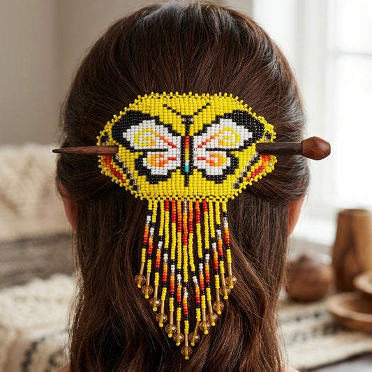 Butterfly Fringed Beaded Barrette & Wooden Stick