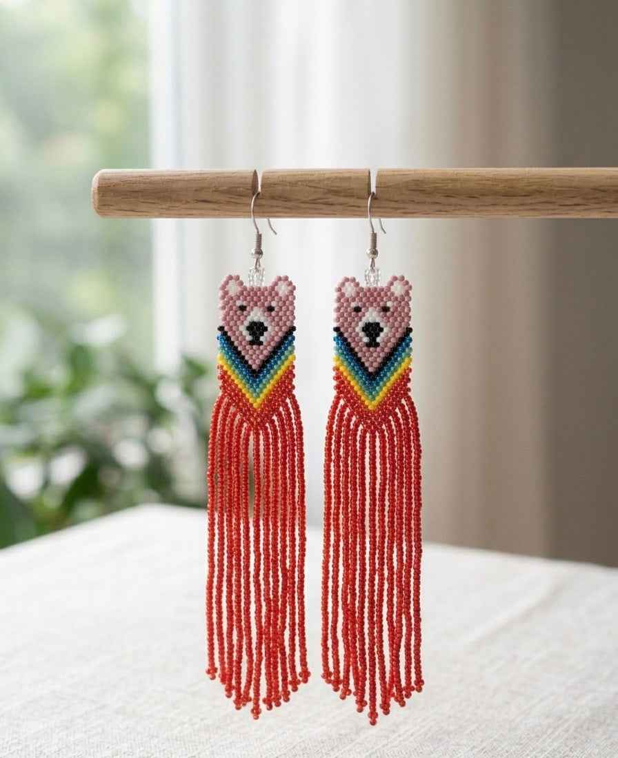 Pink - Red Native Bear Beaded Earrings