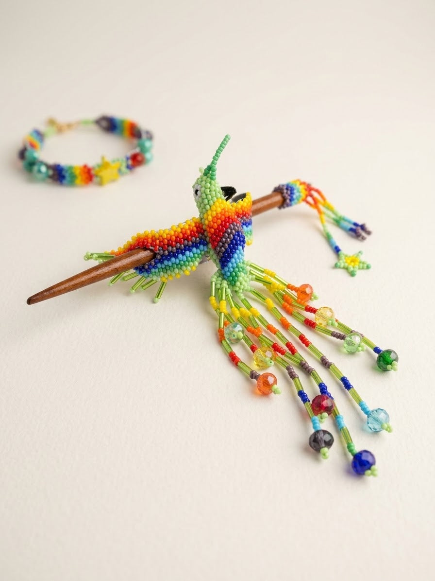 Light Green Hummingbird Beaded Hair Stick