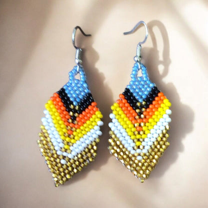 Sky blue and golden Beaded Feather Drop Earrings
