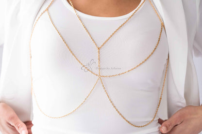Gold Body Chain, Metal Bralette, Layered Harness, Body Jewelry, Layered Chain