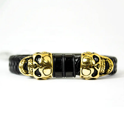BOL Men's Braided Leather Skull Charm Bracelet