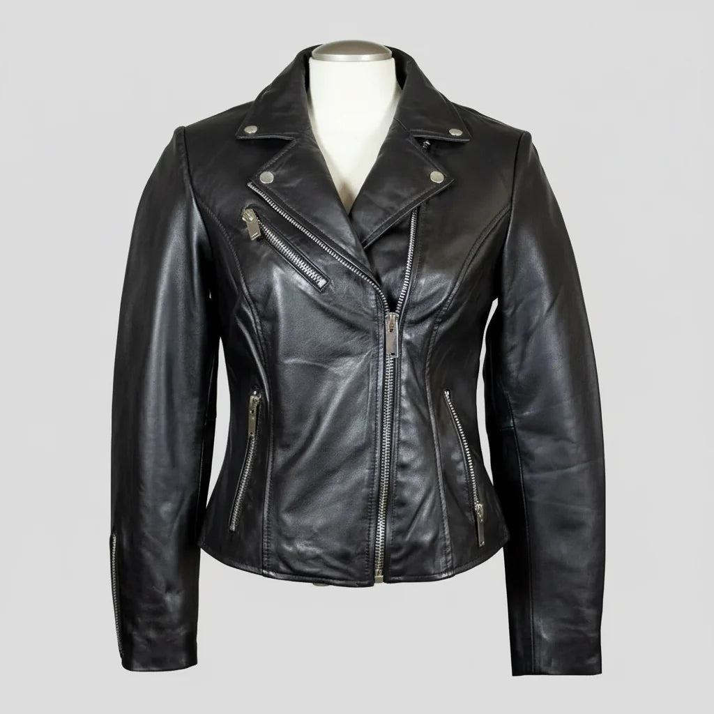 Women's Premium Lamb Leather Moto Jacket with Asymmetrical Zippers