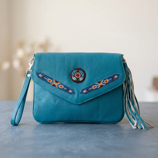 Leather beaded Crossbody bag(Turquoise )