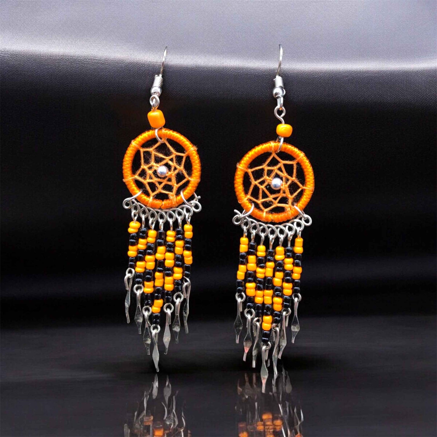 Orange and Black Beaded Dreamcatcher earrings