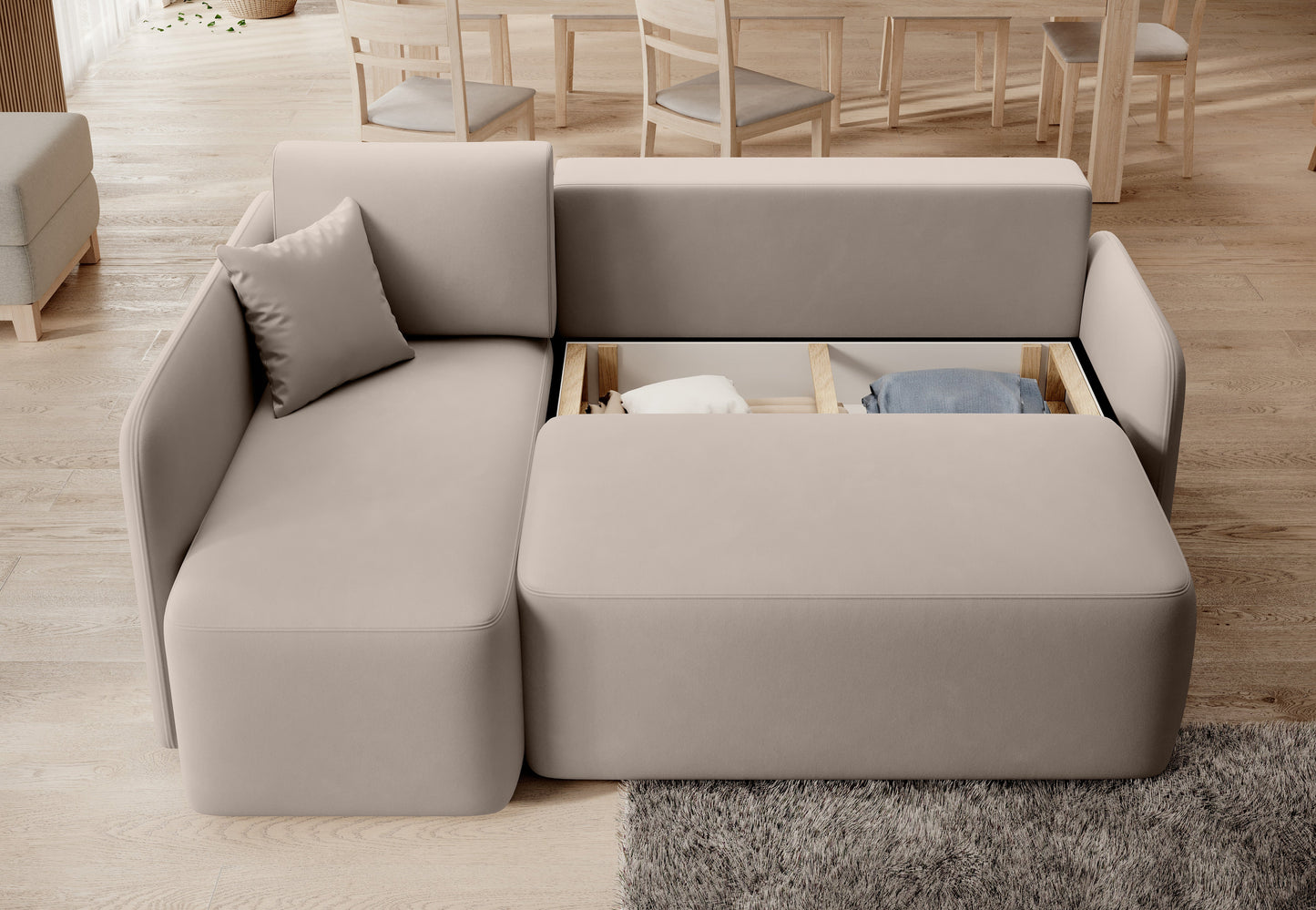 Hadson 3 Seater Storage Sleeper Chaise Sofa - Beige