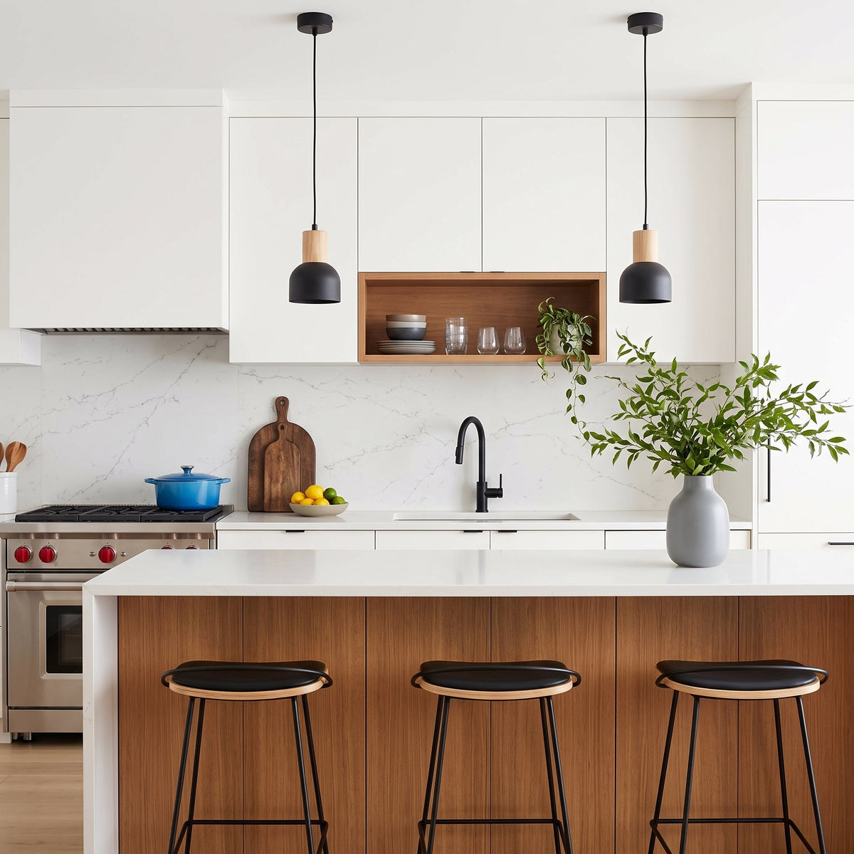 CAIRO Black & Wood Mini Dome Pendant Light for Kitchen Island & Counter