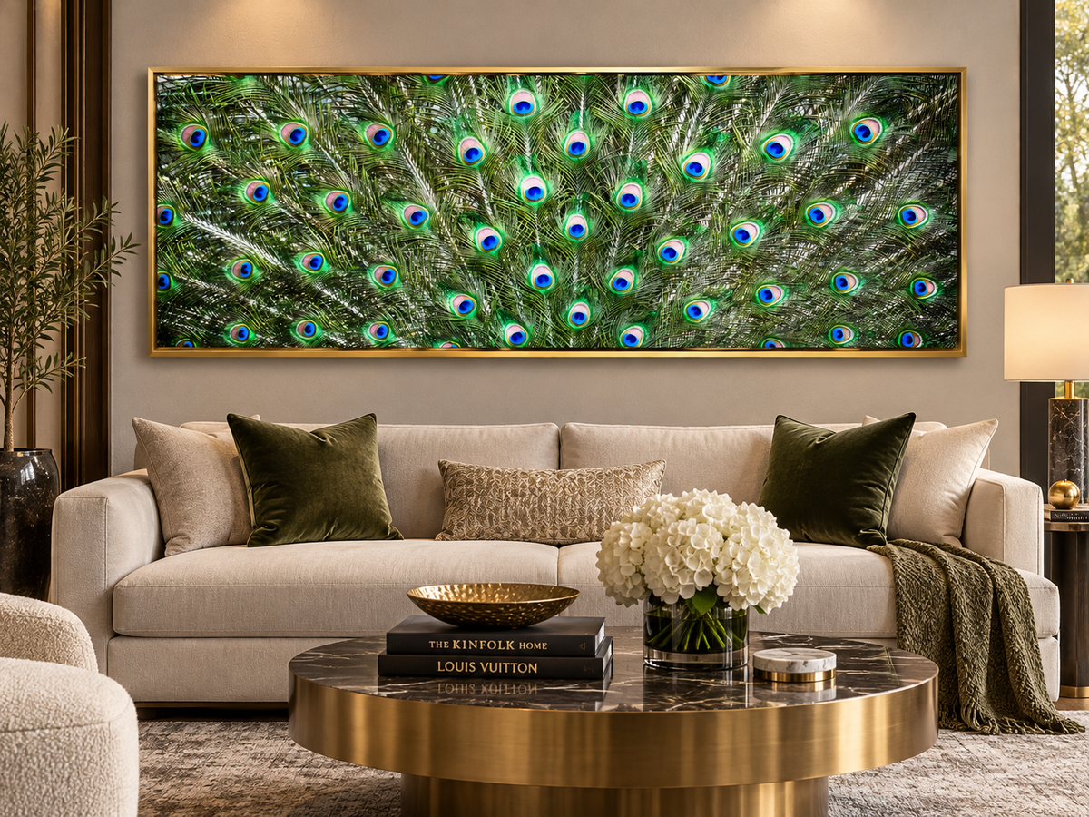 Große Leinwand Wandkunst – Pfauenfedern – Naturkunstwerk