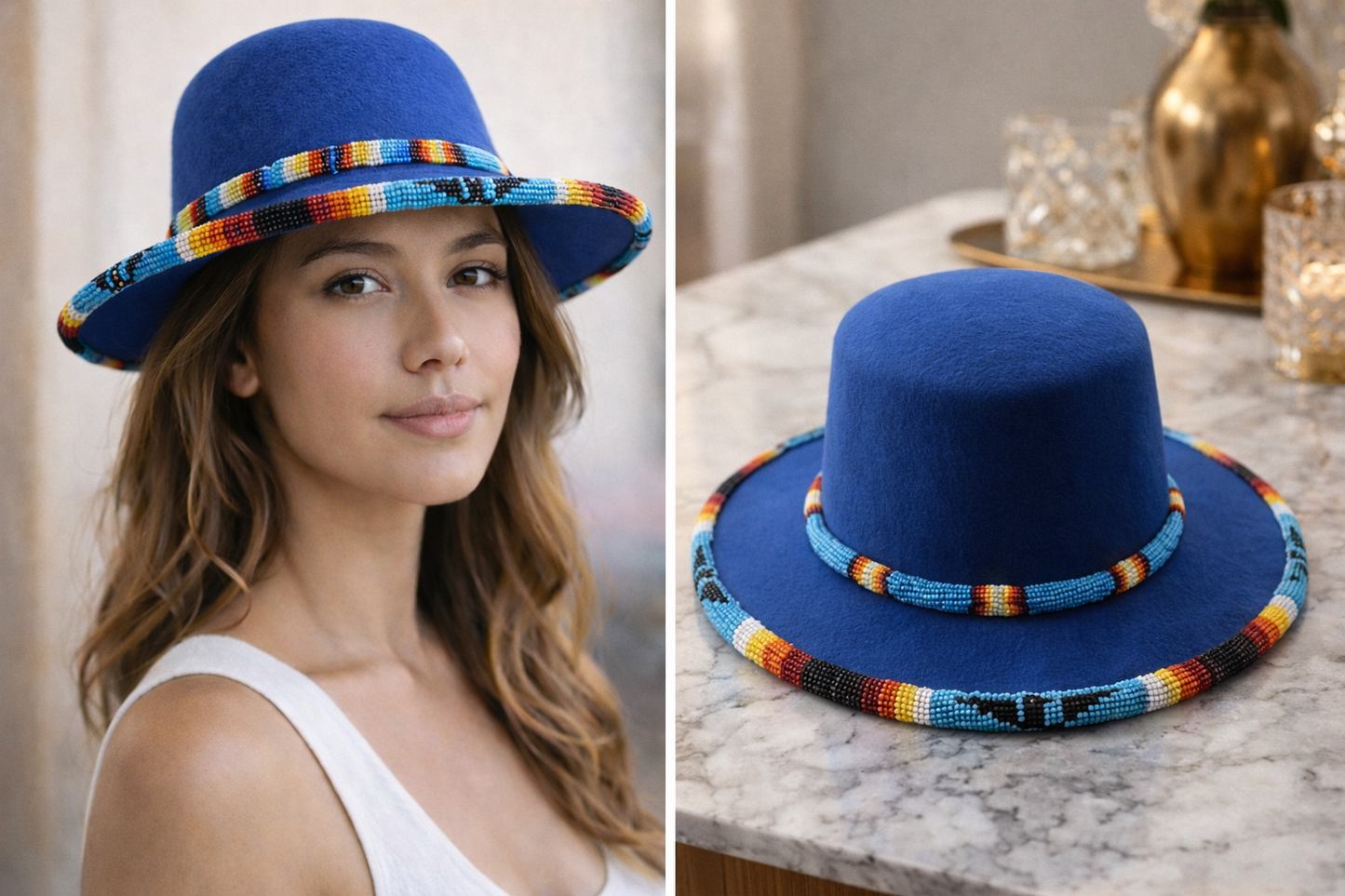 Size- 56 Beaded Flat-Brim Felt  Hat