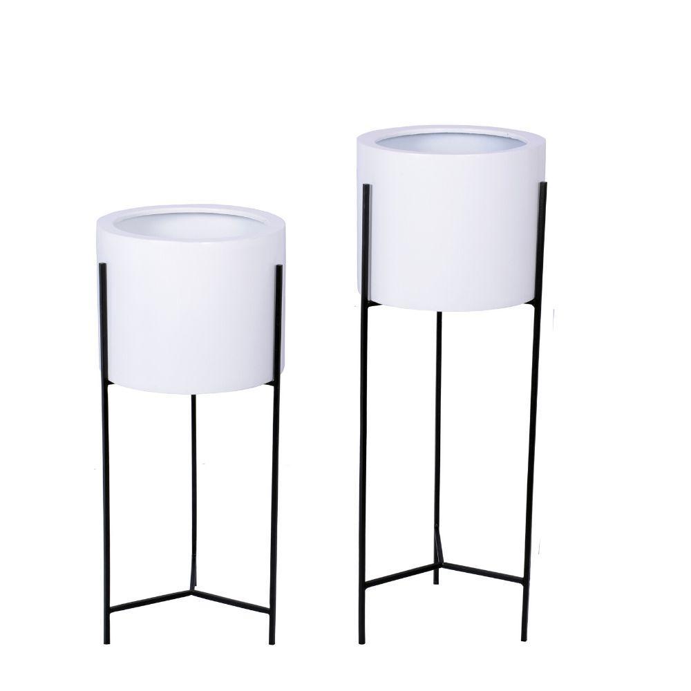 Cira – Weißer Pflanztopf im Mid-Century-Stil mit schwarzem Metallständer (mehrere Größen)