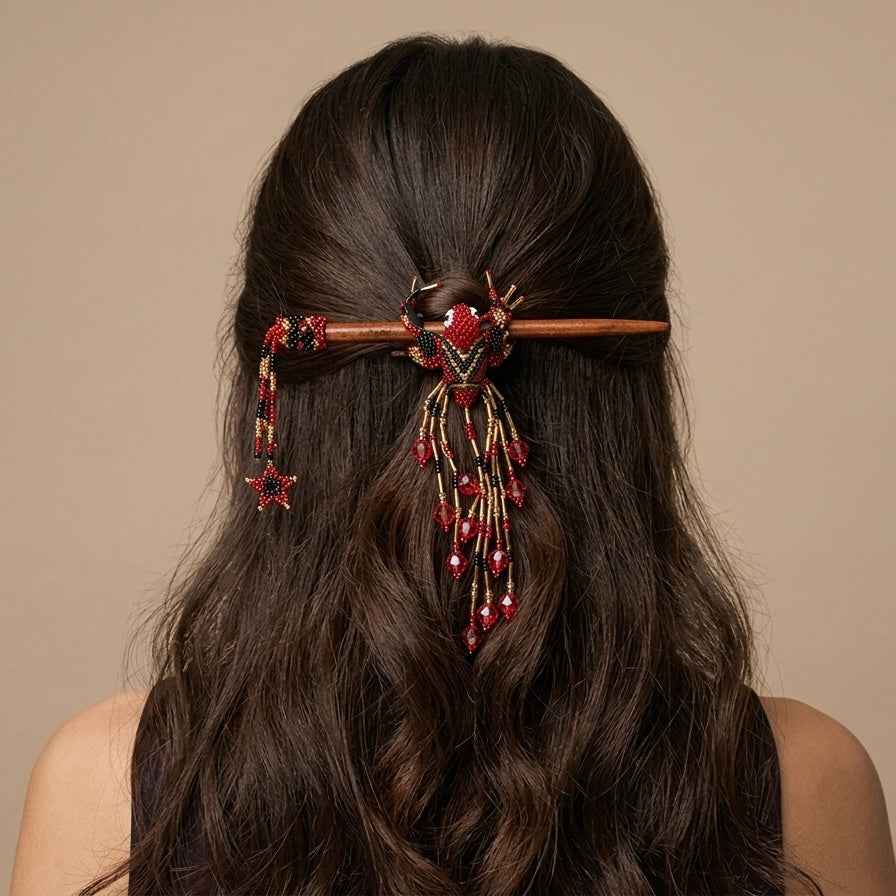 Red & Black Hummingbird Beaded Hair Stick