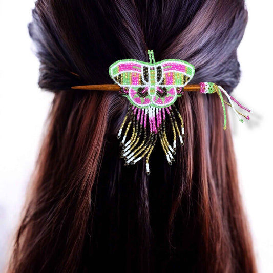 Pink and Green Wooden Stick Butterfly Beaded Barrette with Fringes