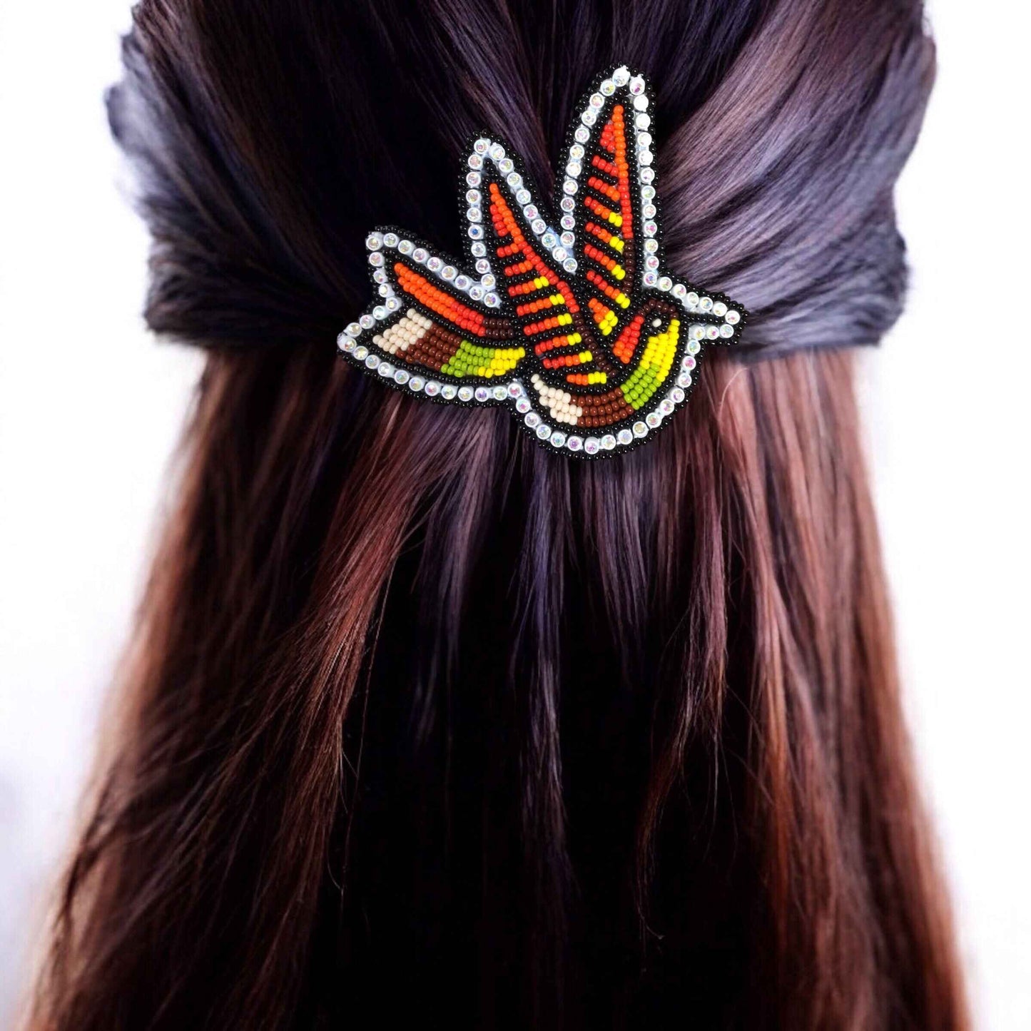 Orange and Green Beaded Hummingbird Barrette
