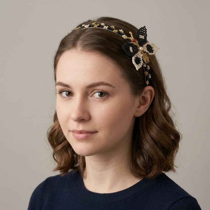 Beaded Headband with Butterfly Golden & White