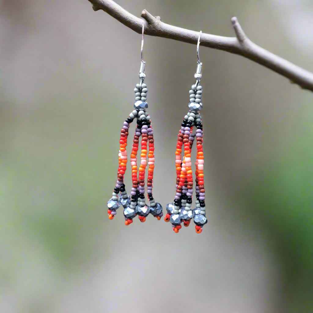 Grey Six-Strand Beaded Cascade Earrings