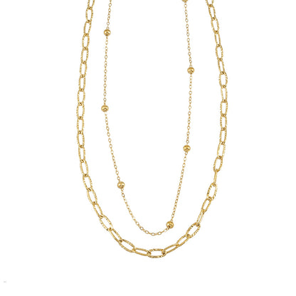CASTILIA Gold Necklace:  Double Stacked Paper Clip Chain &  Beaded Chain - Dazzle in Duality.