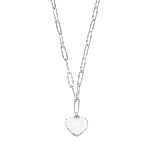 HEART WHITE Silver (White Gold): Paper Clip Chain Anchoring an Enameled White Heart Charm