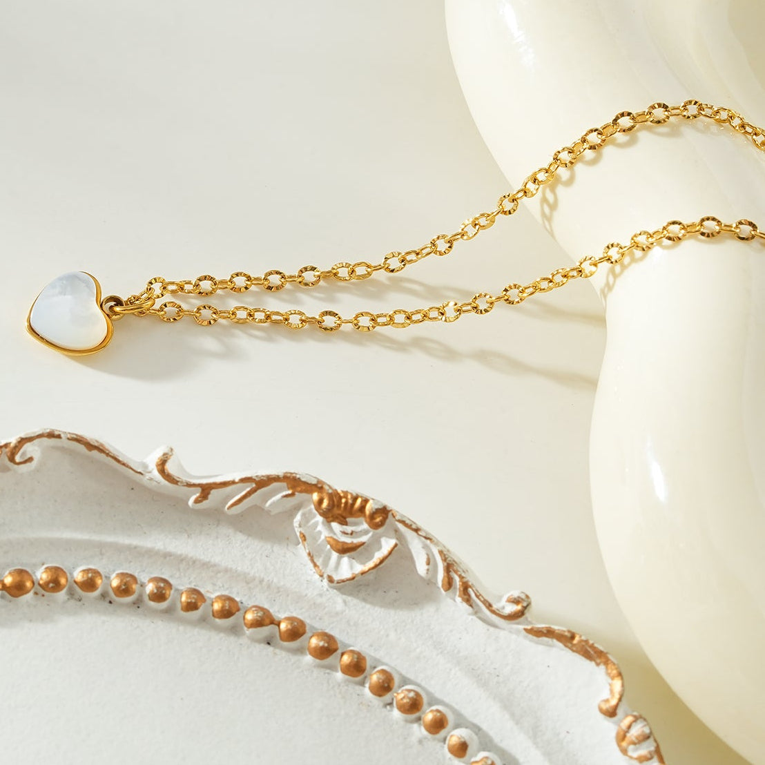 KOKAM Gold: Dainty Chain Necklace with Mini Shell-Encased Heart Charm Pendant — A Little Love to Hold Close
