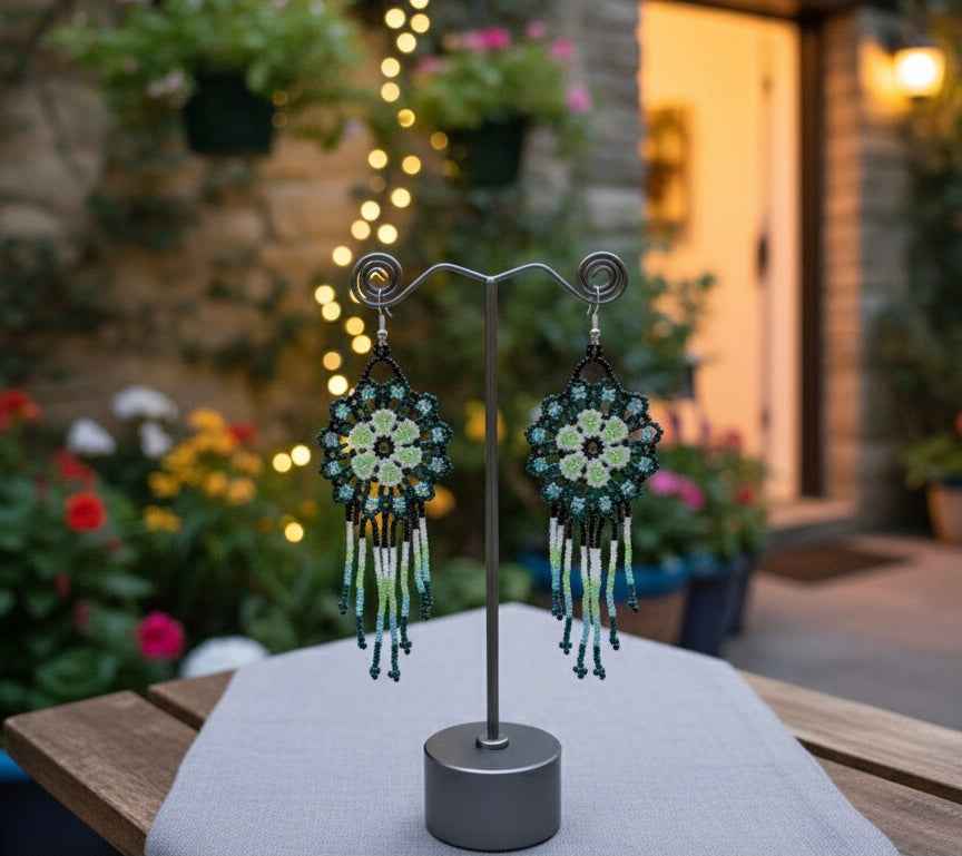 Dark Green  Flower beaded Earrings