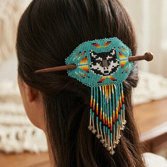 Wolf Fringed Beaded Barrette & Wooden Stick