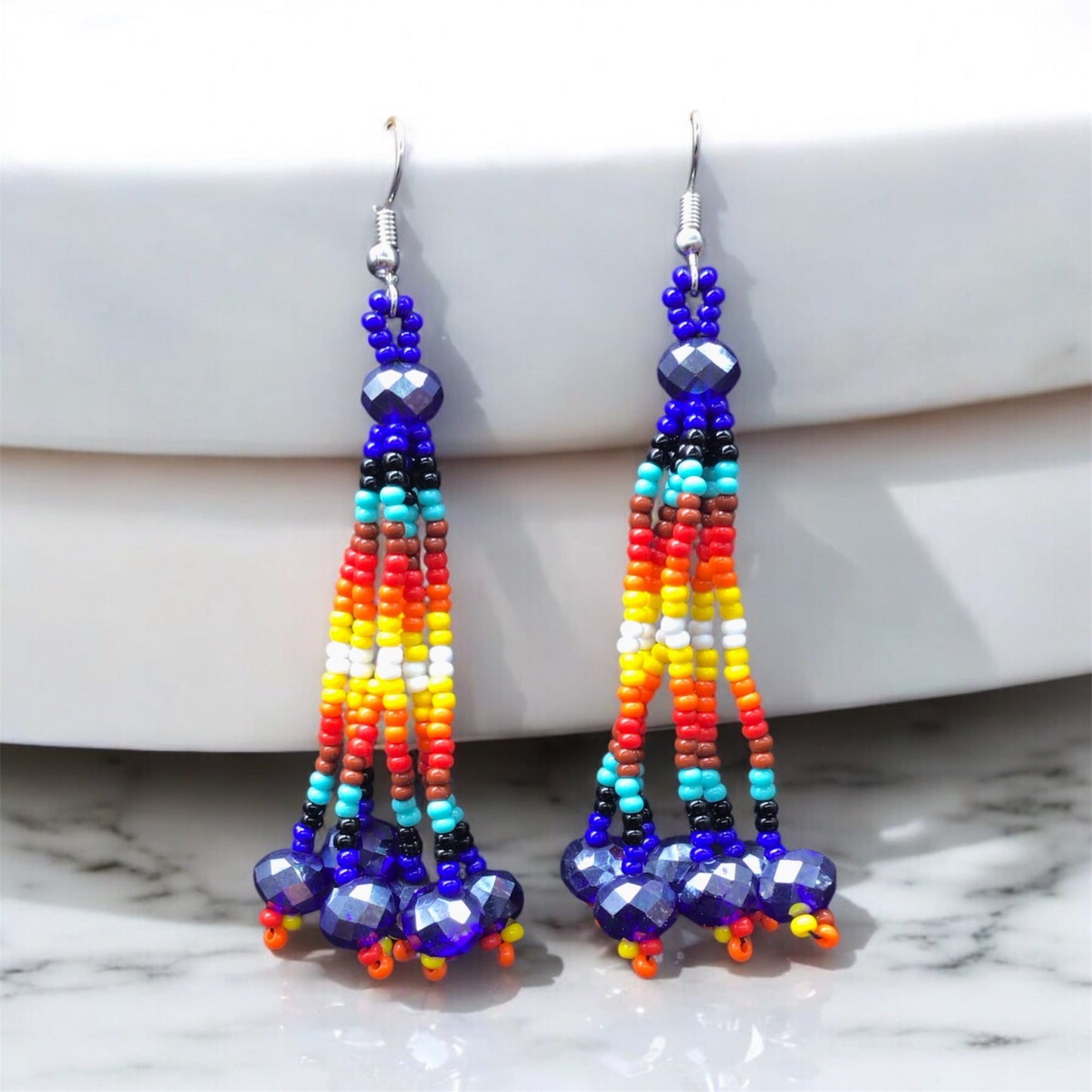 Blue Six-Strand Beaded Cascade Earrings