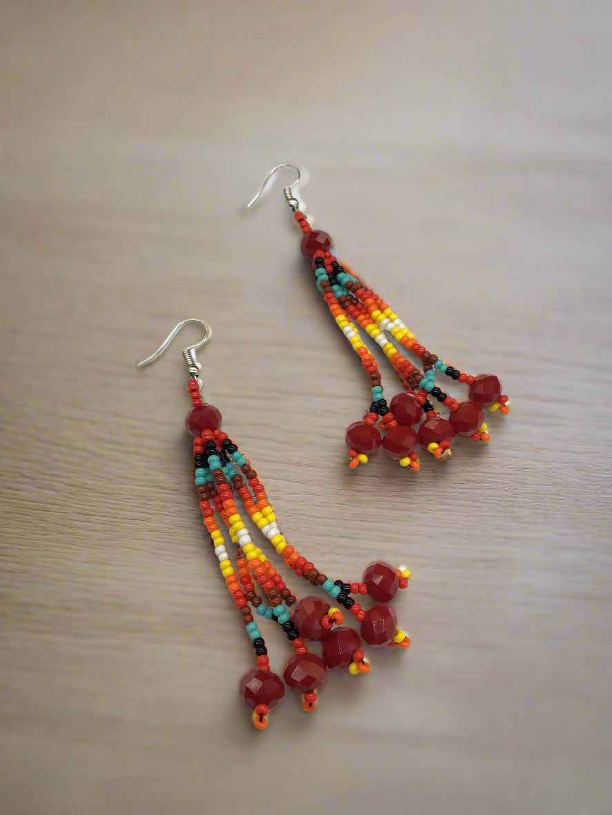 Red Six-Strand Beaded Cascade Earrings