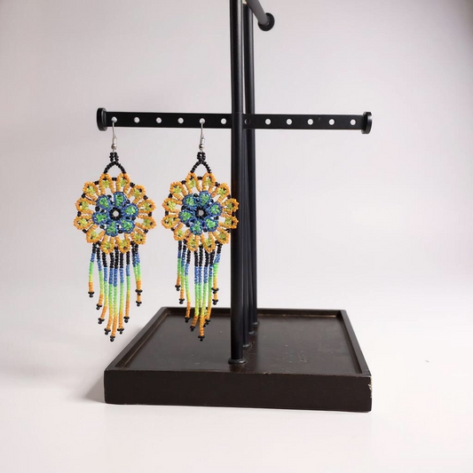Green Blue Flower beaded Earrings