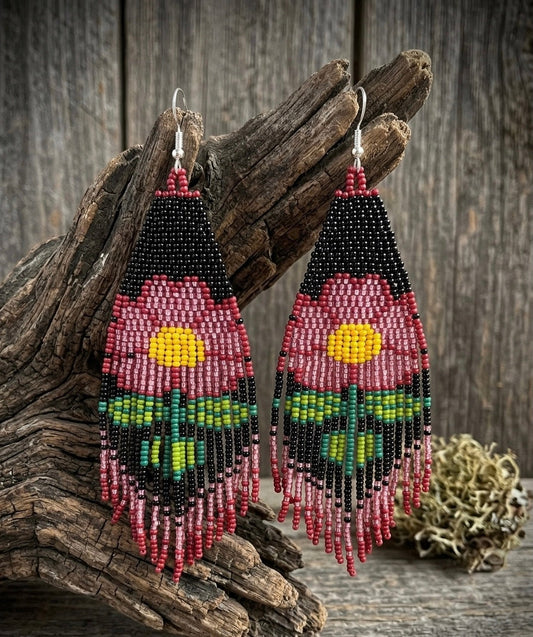 Flower Beaded Earrings ( Red )