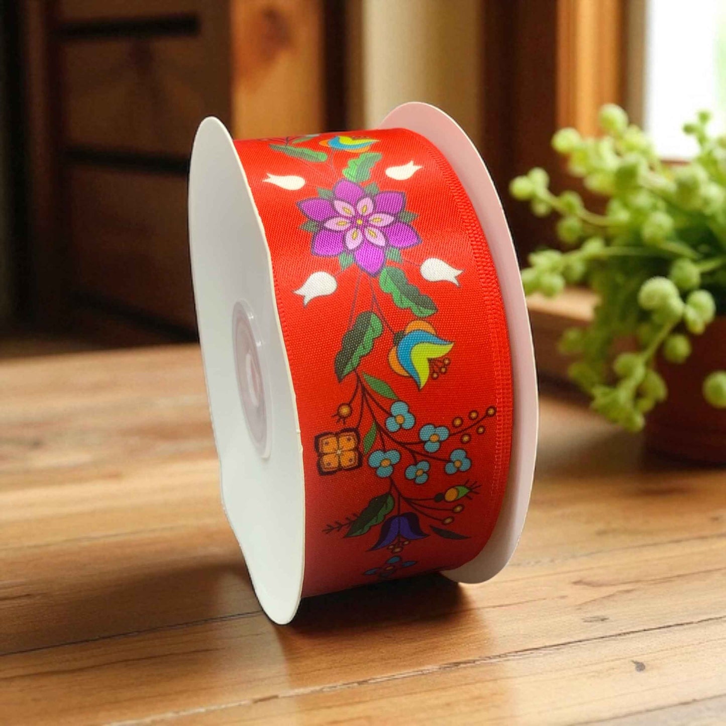 Red Double Face Floral Ribbon Roll