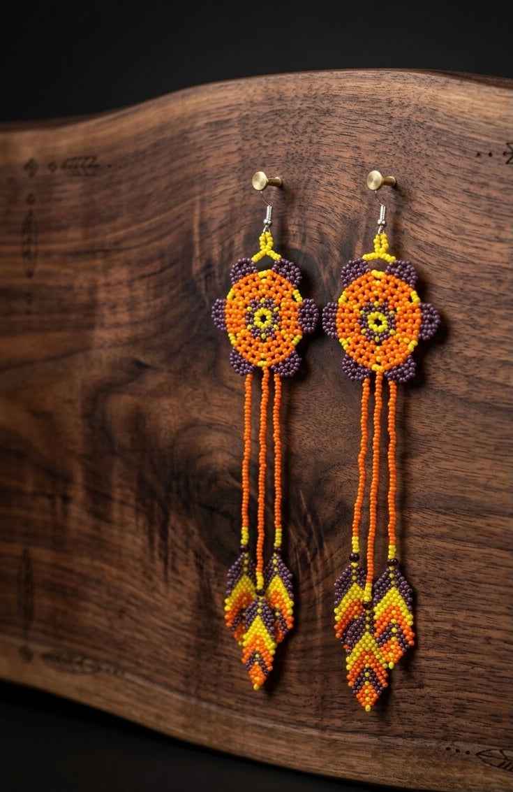 Sun Feather Bloom Beaded Earrings- Orange /yellow/dark purple