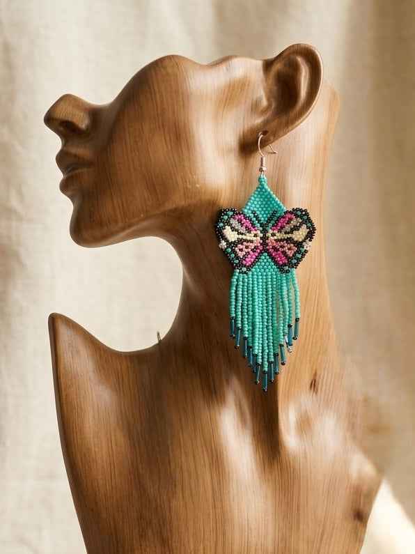 Turquoise and Pink Beaded Dancing Wing Earrings