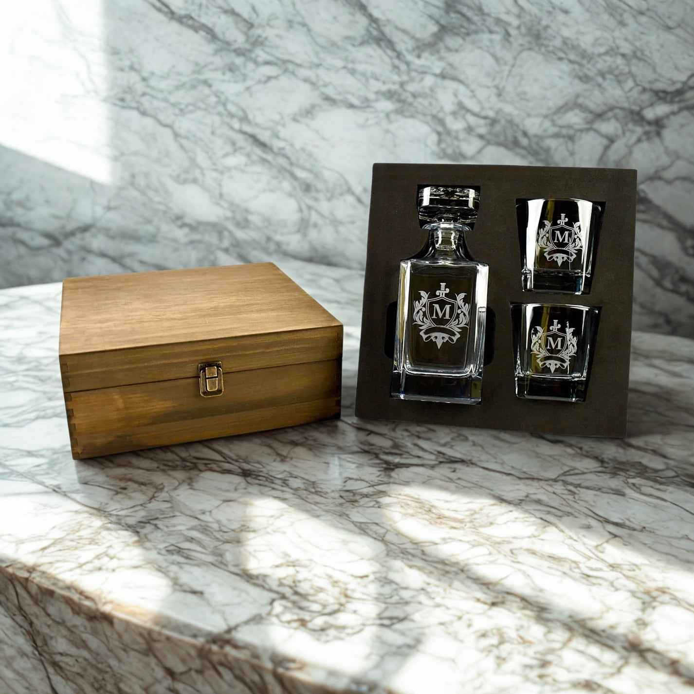 Personalized Rectangle Whiskey Decanter Set – Custom Engraved Decanter and Glasses for Men, Weddings, or Special Occasions