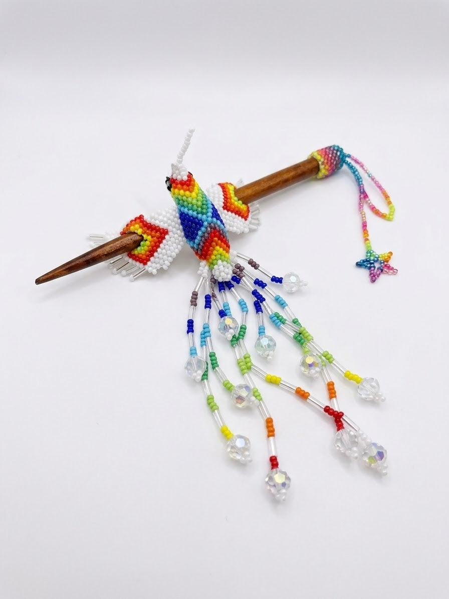 White Hummingbird Beaded Hair Stick
