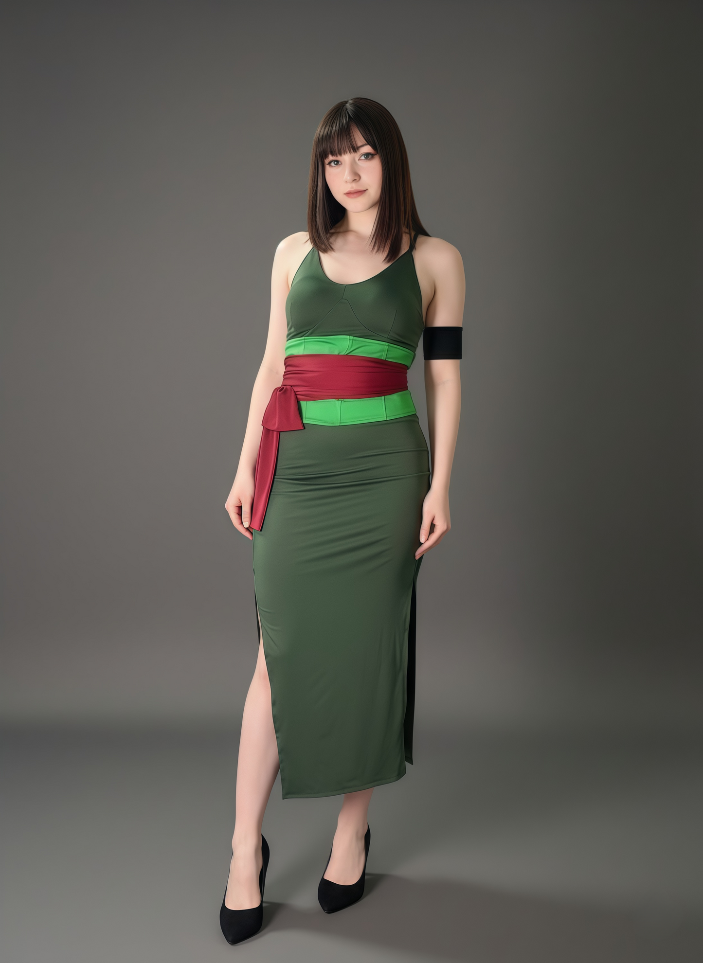 Female Zoro Cosplay Green Sleeveless High-slit Long Dress Halloween Costume