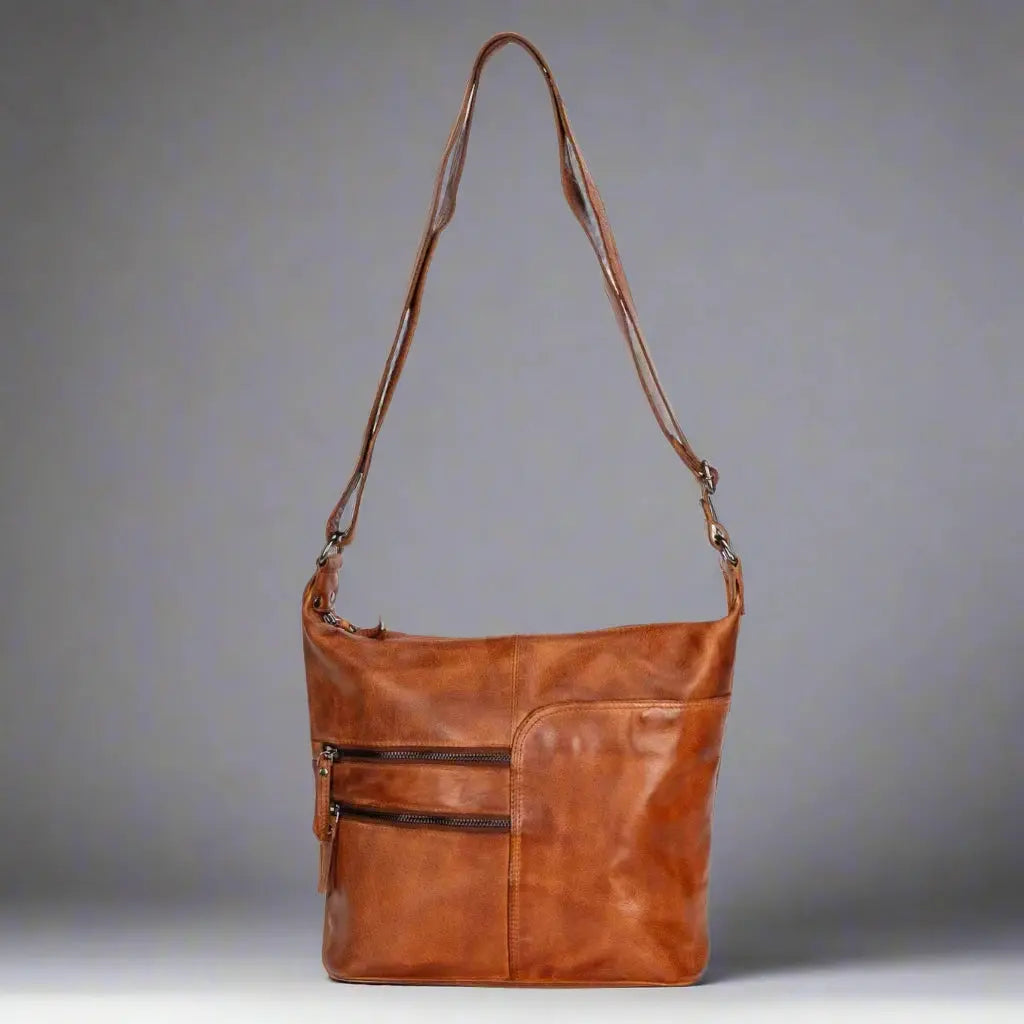 Greenwood Leather Shoulder Bag with 2 Zip Pockets