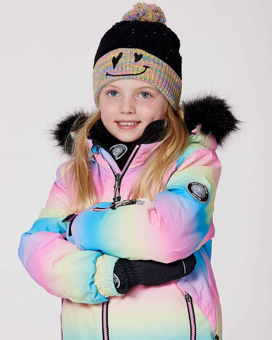 Lined Knit Hat With Pompom Black And Multicolor