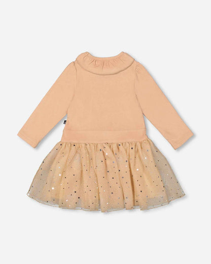 Bi-Material Dress With Glittering Skirt Beige