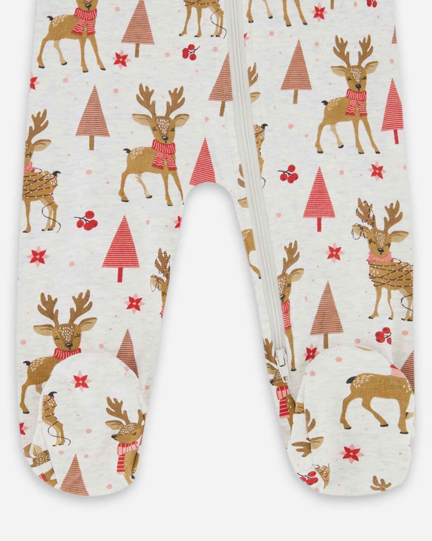 One-Piece Organic Cotton Pajama Beige Girly Reindeer Print
