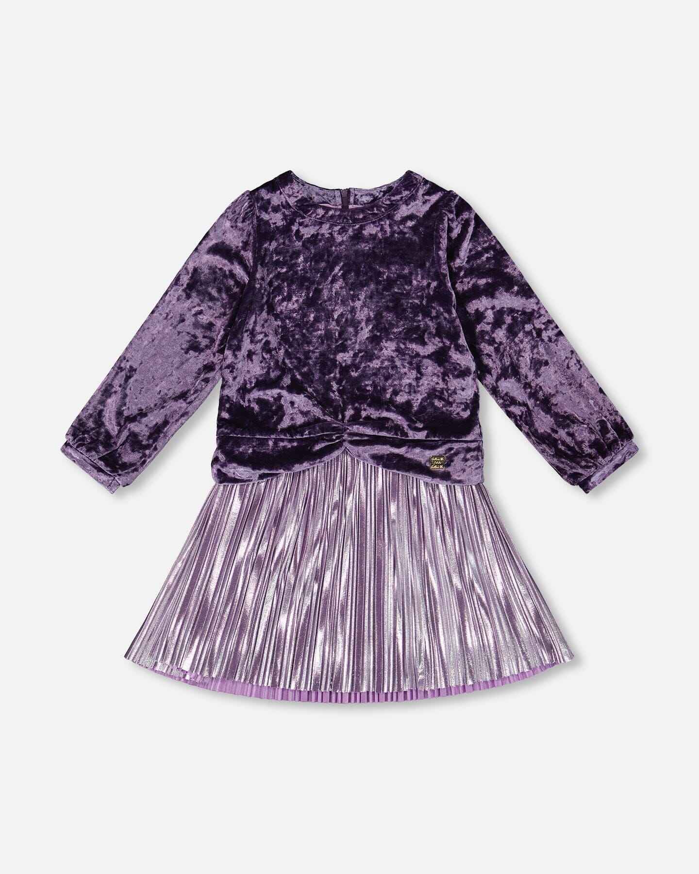 Long Sleeve Bi-Material Velour And Jersey Dress Purple Gray